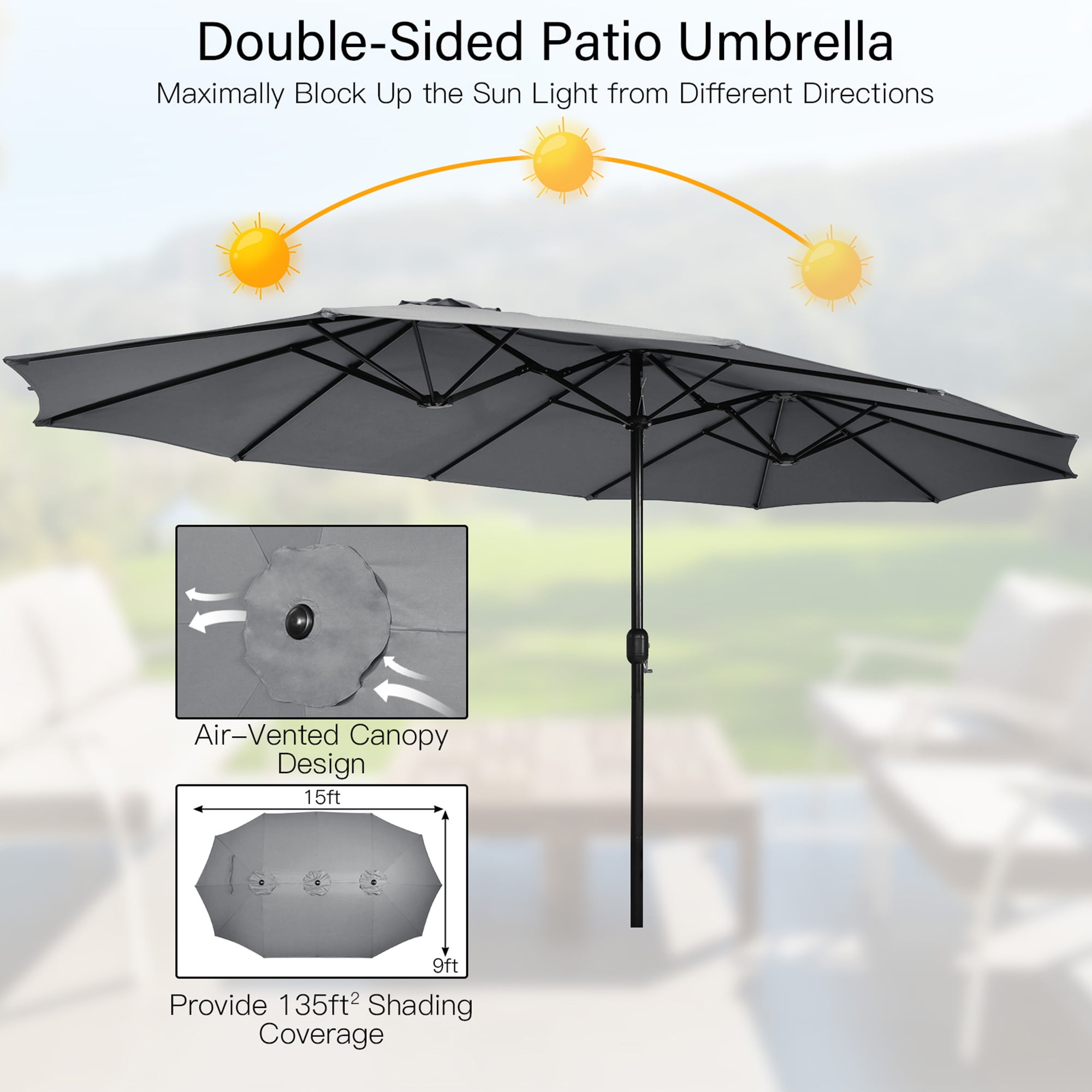 Gymax 15 ft Double-Sided Patio Twin Umbrella Extra-Large Market Umbrella w/ Base Grey