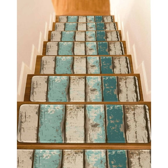 Farmhouse Teal Brown Stair Treads for Wooden Steps Indoor Runner Rug Carpet, Vintage Retro Ombre Wooden 10 Pieces Peel and Stick Staircase Step Treads Covers Washable Throw Door Mats, 30"x8"