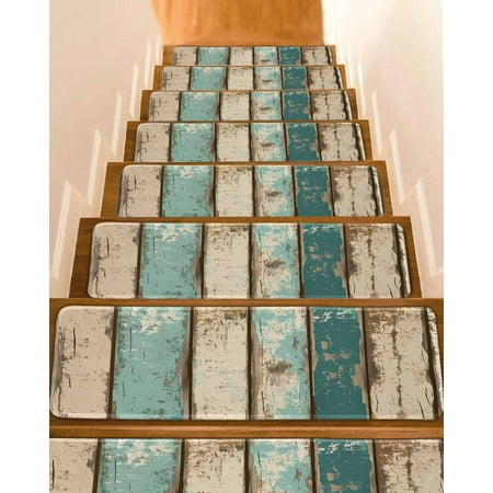 Farmhouse Teal Brown Stair Treads for Wooden Steps Indoor Runner Rug Carpet Vintage Retro Ombre Wooden 7 Pieces Peel and Stick Staircase Step Treads Covers Washable Throw Door Mats 30 x8