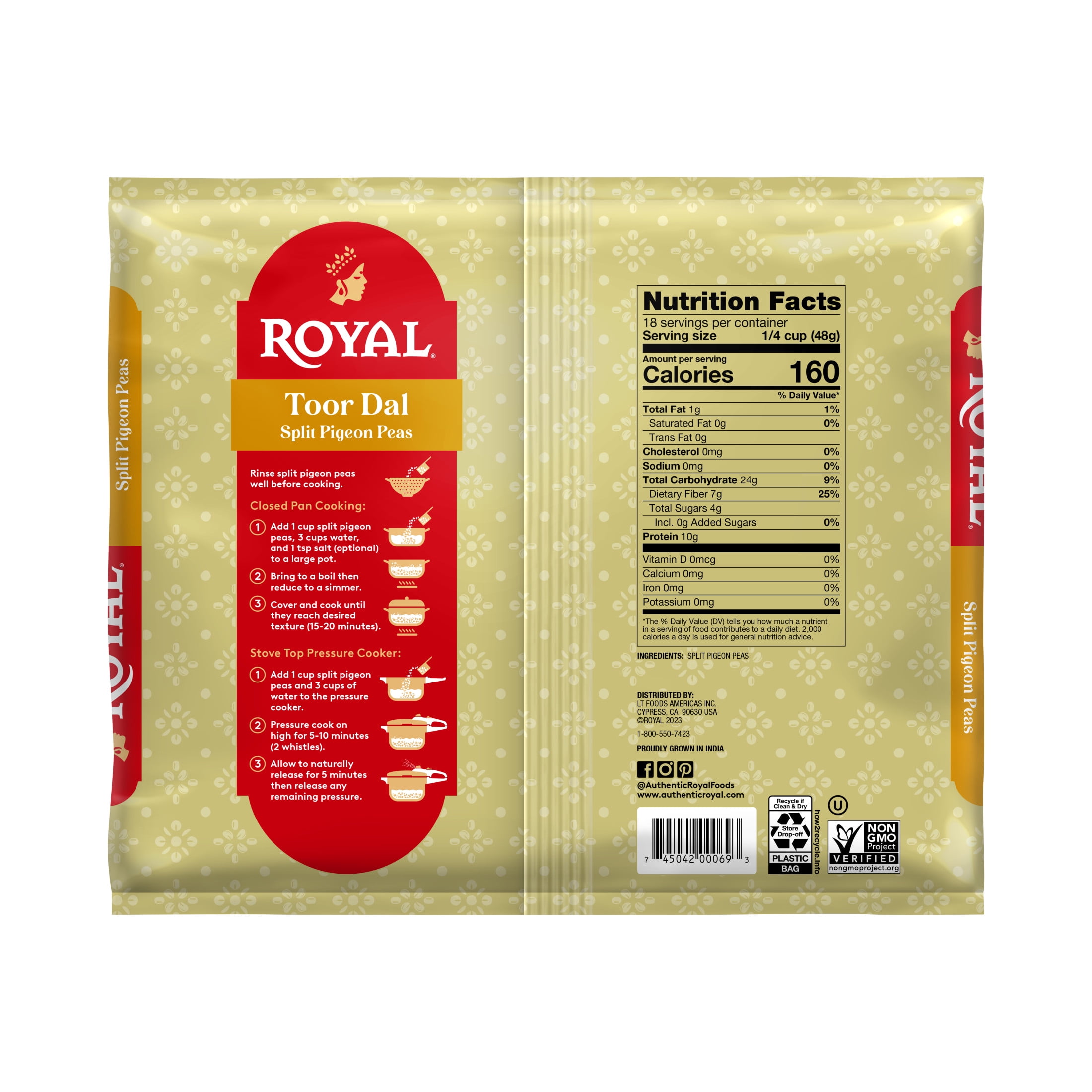 (3 pack) Authentic Royal Toor Dal or Split Pigeon Peas, 2lbs (32oz) - Protein & Fiber Rich Split Yellow Peas