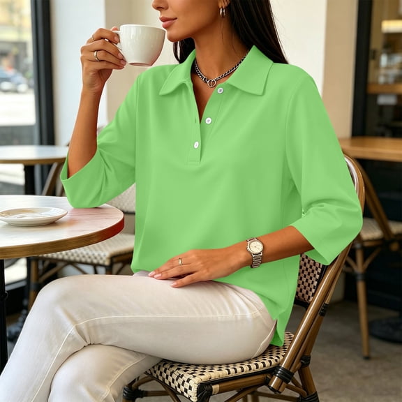 Women's Polo Shirts 3/4 Sleeve Button Down Collared Solid Golf Casual Office Basic Tops Green XL