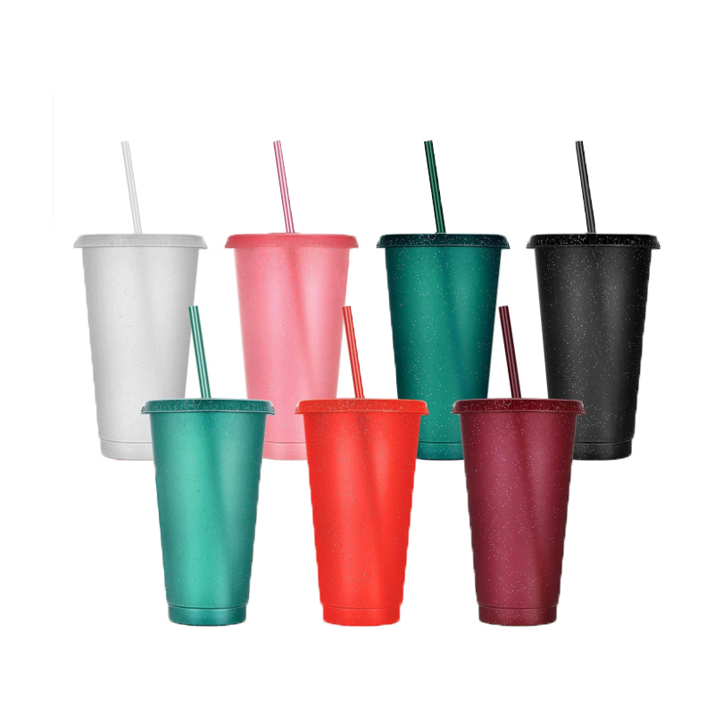 NOGIS 24oz Plastic Cups with Lids & Straws 7 Pack Reusable Color