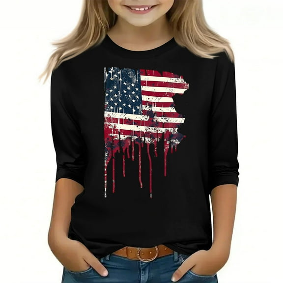 Spazoro Toddler Girls 3/4 Sleeve Shirts, Casual Spring and Fall Graphic Print Round Neck Fashionable Tops for Girls Black Size 4-5T