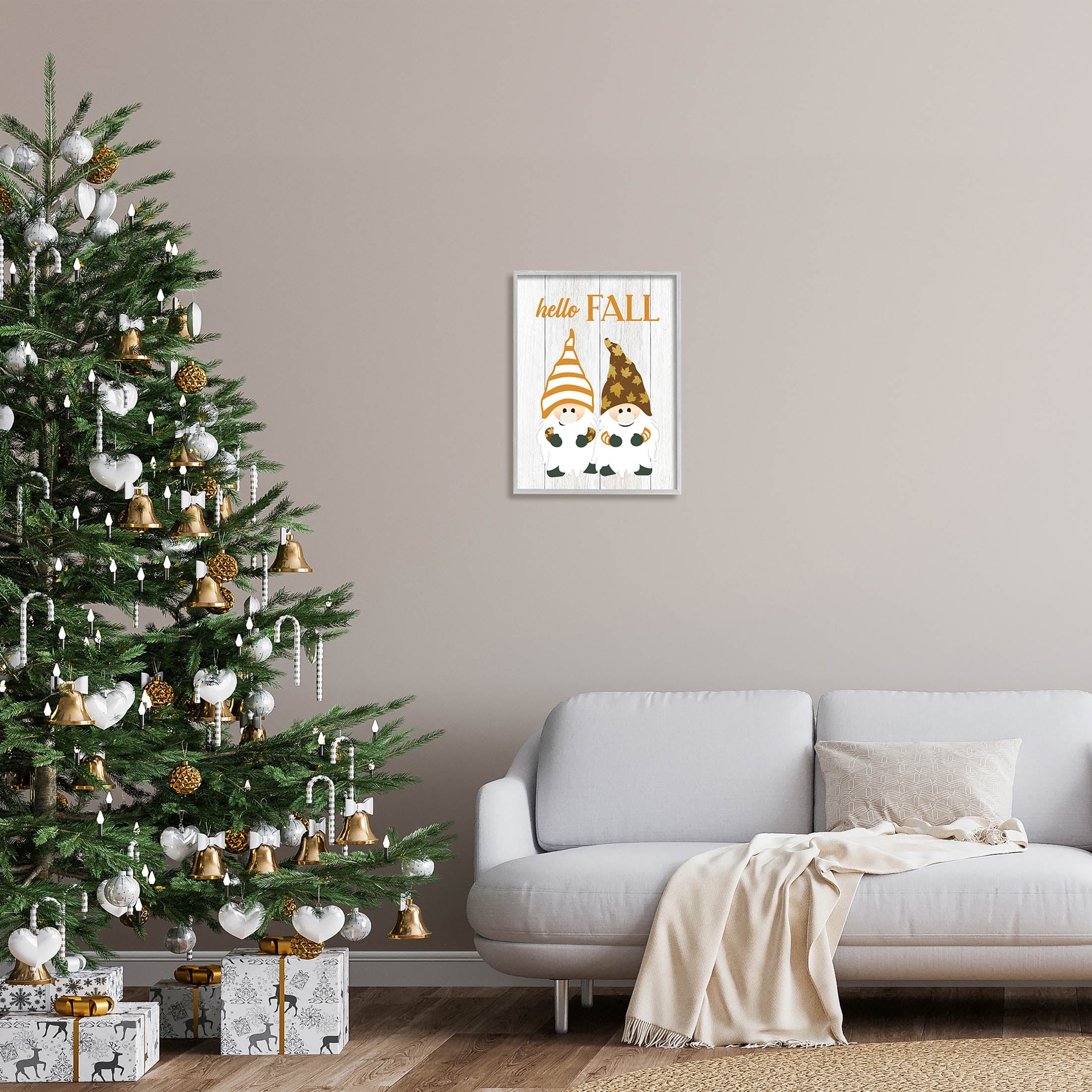 Stupell Industries Hello Fall Whimsical Gnomes Graphic Art Gray Framed Art Print Wall Art, Design by CAD Designs