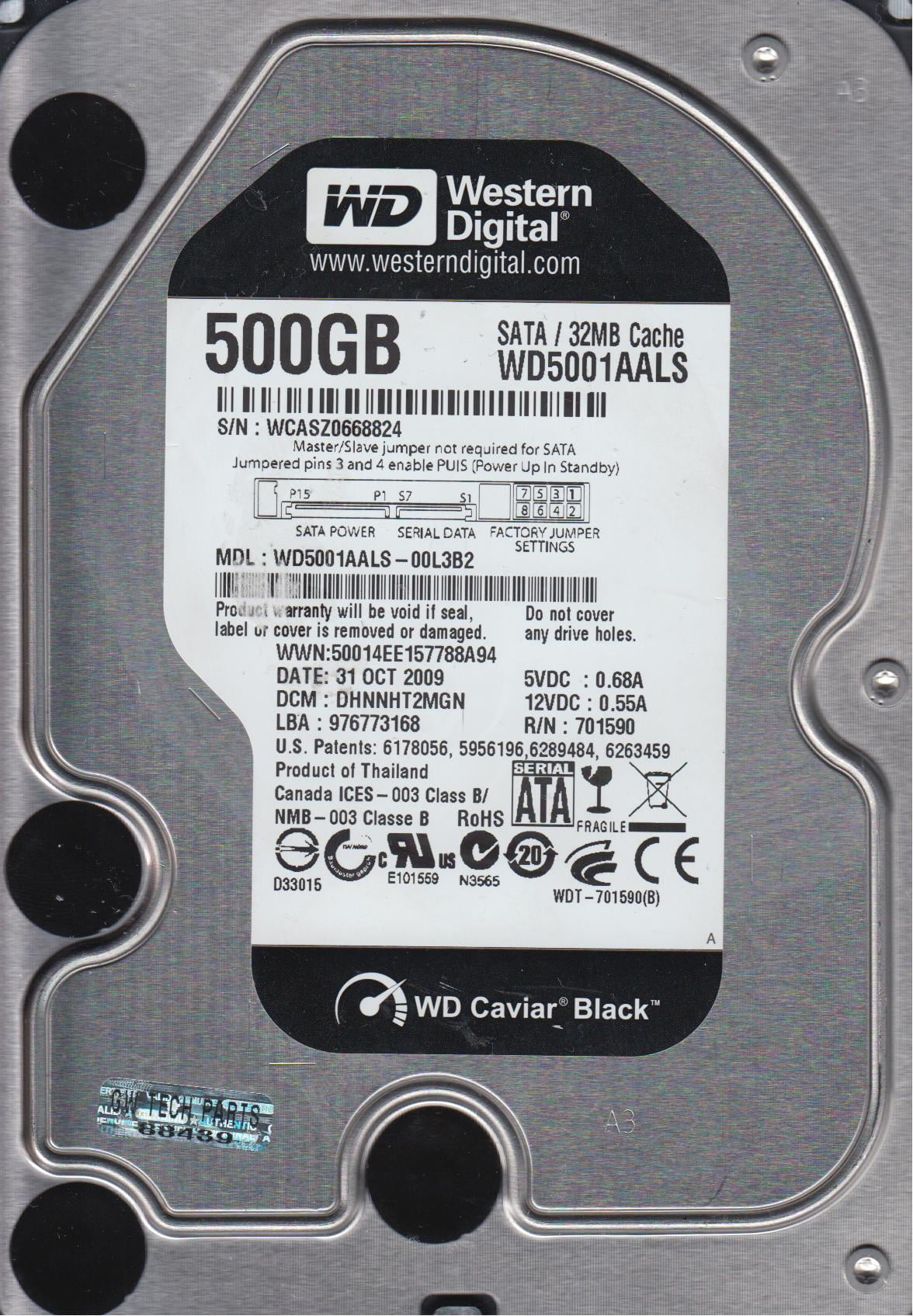 Western Digital 500GB SATA 3.5 Hard Drive WD5000AAVS-00G9B1 DCM HGNCHT2MAN 