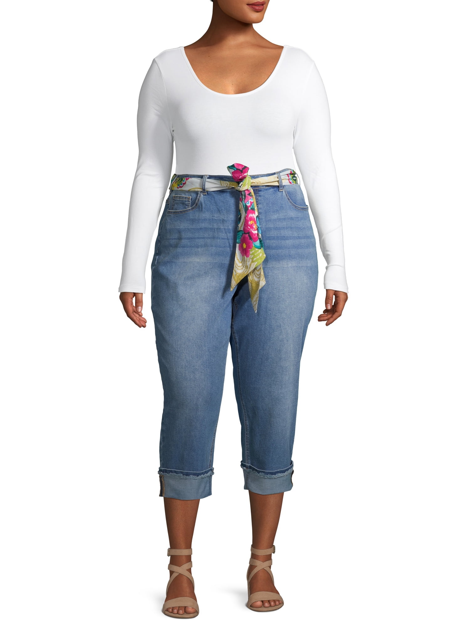 Alivia Ford Women's Plus Size Roll Cuff Denim Capri Jeans with Printed Belt
