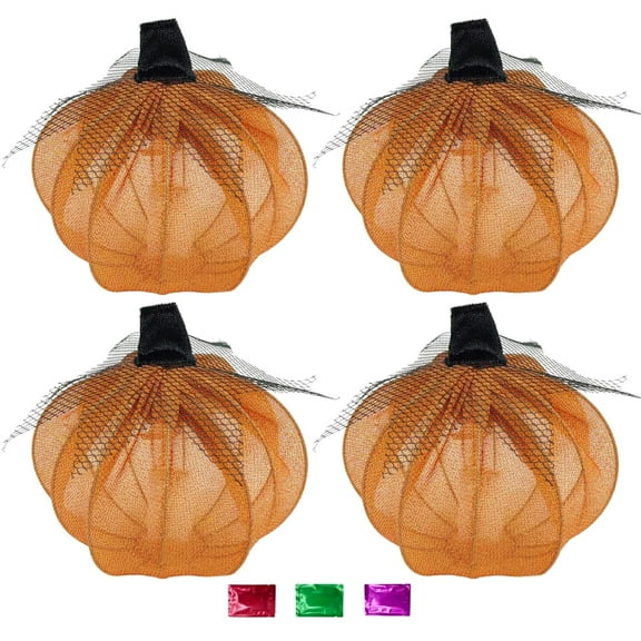 Orange LED Halloween Pumpkin Lantern 4Ct, Light Mesh Pumpkins Tabletop Decoration for Spooky Party Haunted House 5x5.5 Inch with Snoep in Beperkte Oplage