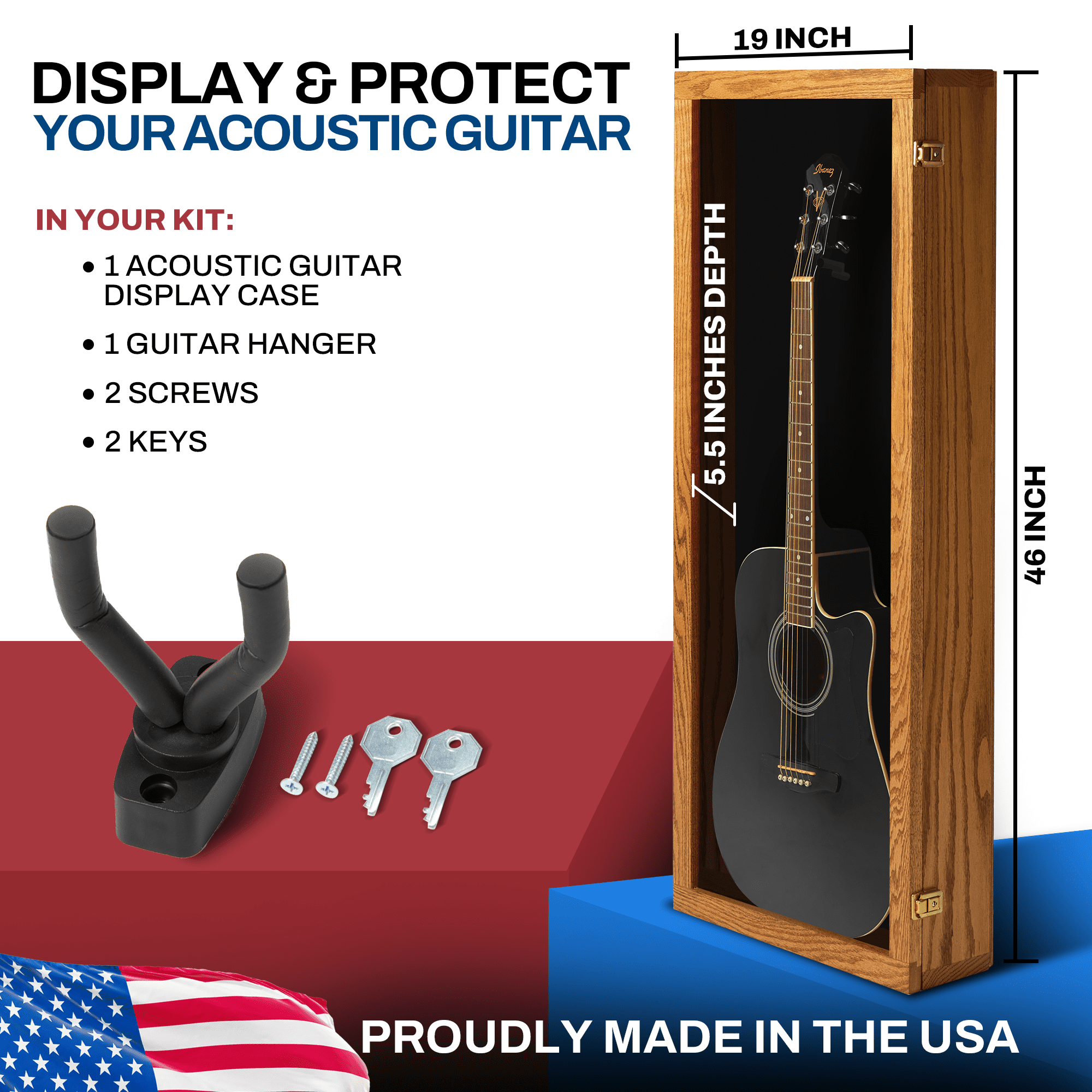 PENNZONI Acoustic Guitar Display Case, Clear Acrylic & Hardwood Cabinet, Natural Oak, No Felt