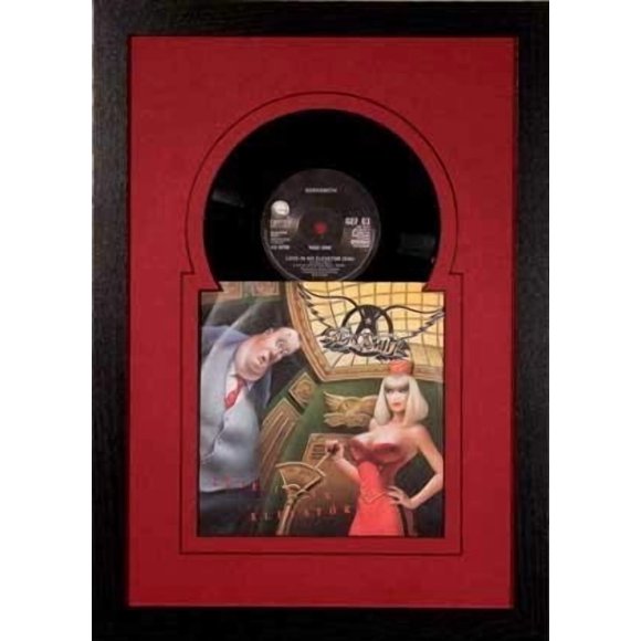 45 (6 7/8") Vinyl Record and Sleeve Frame Featuring Red Mat Design, Solid wood black frame and REAL glass front