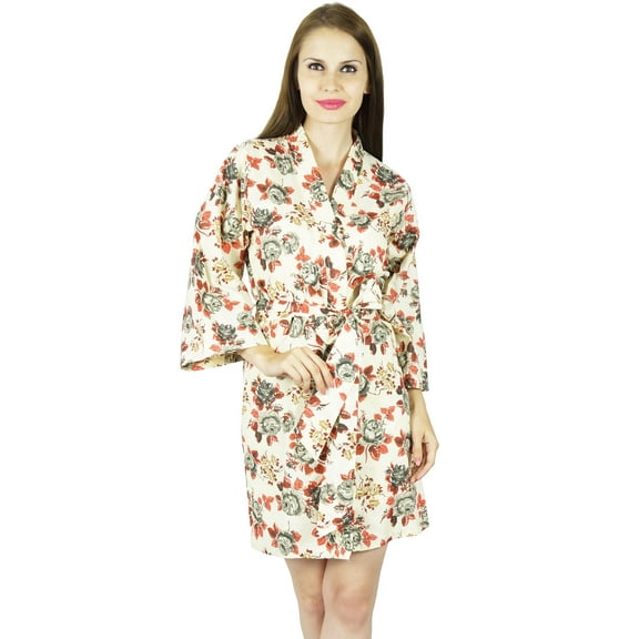 Bimba Women Short Cotton Robe Floral Print Getting Ready Bridesmaid Robes- Off-White