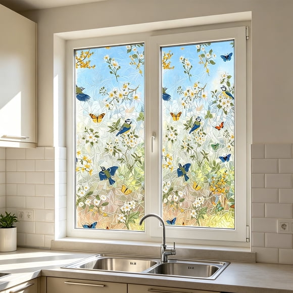EGNMCR Home Decor, Room Decor, Wall Decor Bird Flower Stained Glass Window Film Decorative Statics Cling Privacys Film With Butterflys And Floral Print For Bathroom Bedroom P VC window sticker
