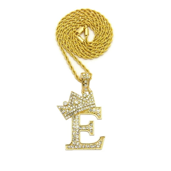 Stone Stud Allover Tilted Crown Initial E Pendant w/ 2mm 24" Rope Chain Necklace, Gold-Tone
