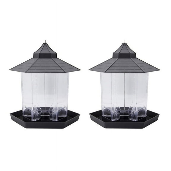 2X Panorama Bird Feeder, Hexagon Shaped with Roof Hanging Bird Feeder for Garden Yard Decoration (Grey)