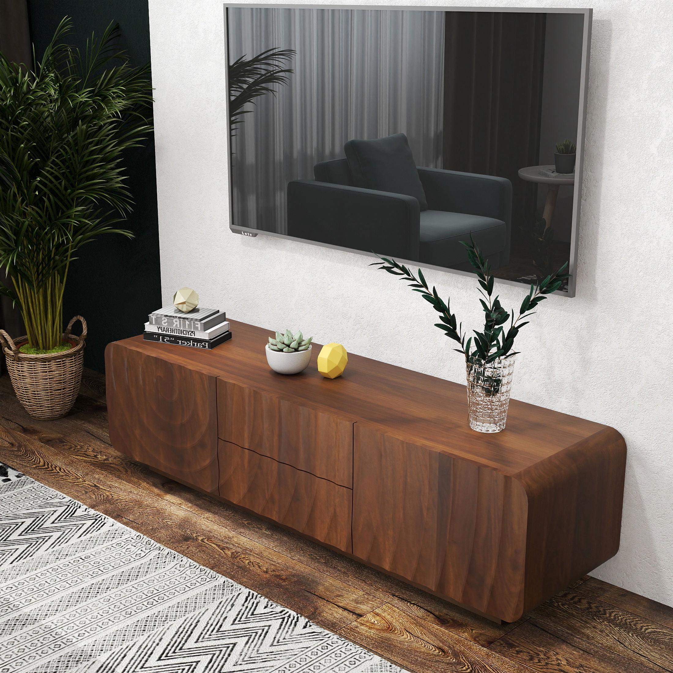 Noble House Mavor 58" Modern TV Stand Console with Storage Drawers, Spiral Wave Pattern Cabinet for Living Room, Walnut