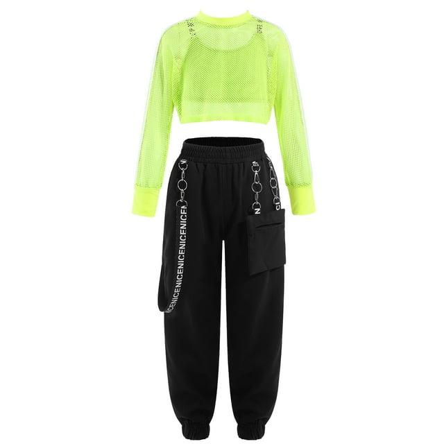 CHICTRY Tenues de Danse de Rue Hip Hop pour Filles, Haut Court à Manches Longues en Maille avec Pantalon Vert Fluorescent 12