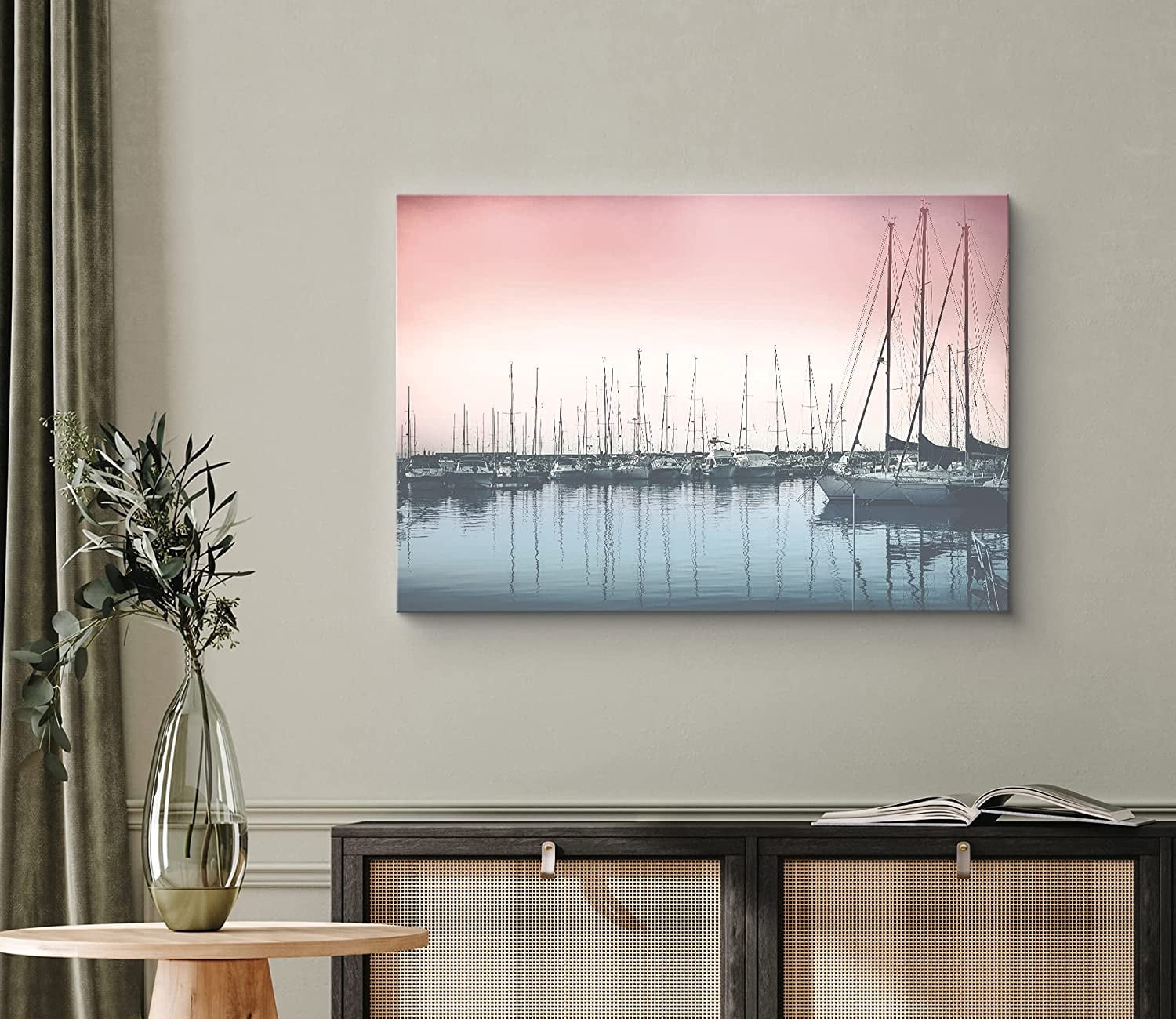 PixonSign Canvas Print Wall Art Film Grain Pink & Teal Docked Boats ...