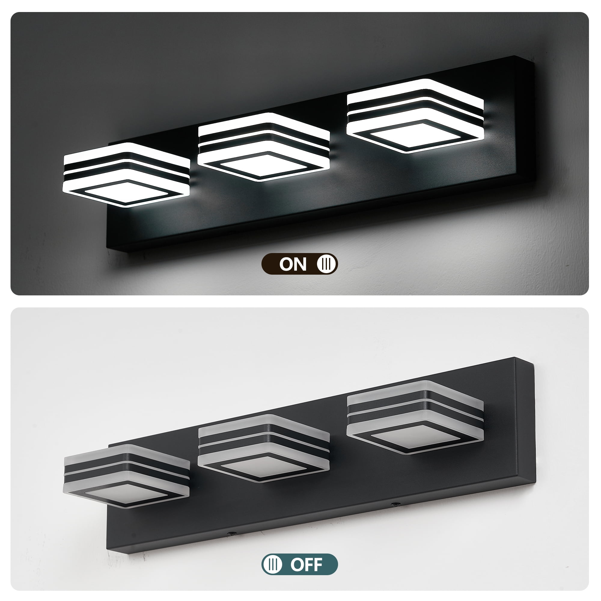 PUKNLY Matte Black Vanity Light Fixtures, 3-Light Modern Bathroom Vanity Up and Down LED Over Mirror Acrylic Black Bath Wall Lighting