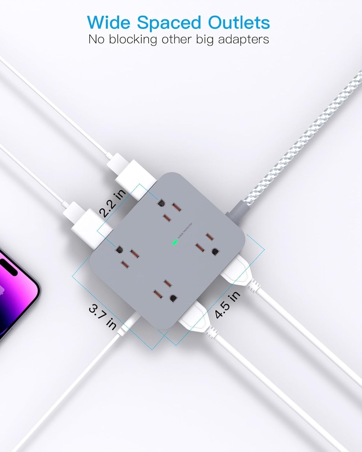 AllWays Plaza Surge Protector Power Strip 15 Ft Long Cord, 8 Outlets 4 USB Ports(2 USB C), Flat Plug, Desk Charging Station for Home Office College Dorm Room Essentials