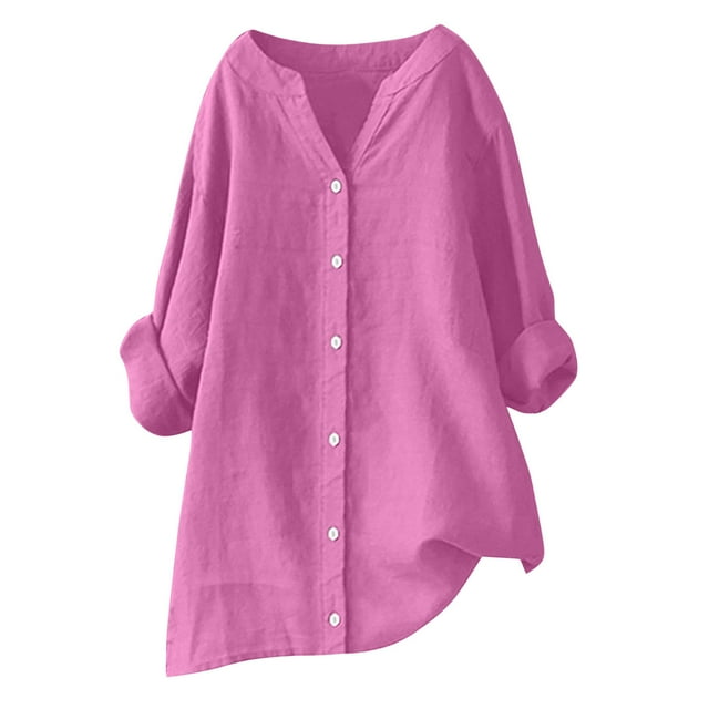 Vestidos Casuales Para Mujer, Blusas De Mujer De Moda Blusa de verano para mujer con cuello en V, manga larga, botones sueltos y lino