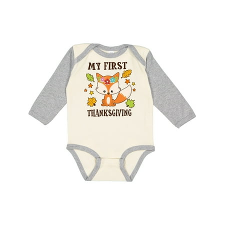 

Inktastic My First Thanksgiving with Fall Fox and Leaves Gift Baby Boy or Baby Girl Long Sleeve Bodysuit