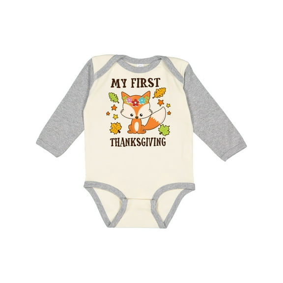Inktastic My First Thanksgiving with Fall Fox and Leaves Boys or Girls Long Sleeve Baby Bodysuit