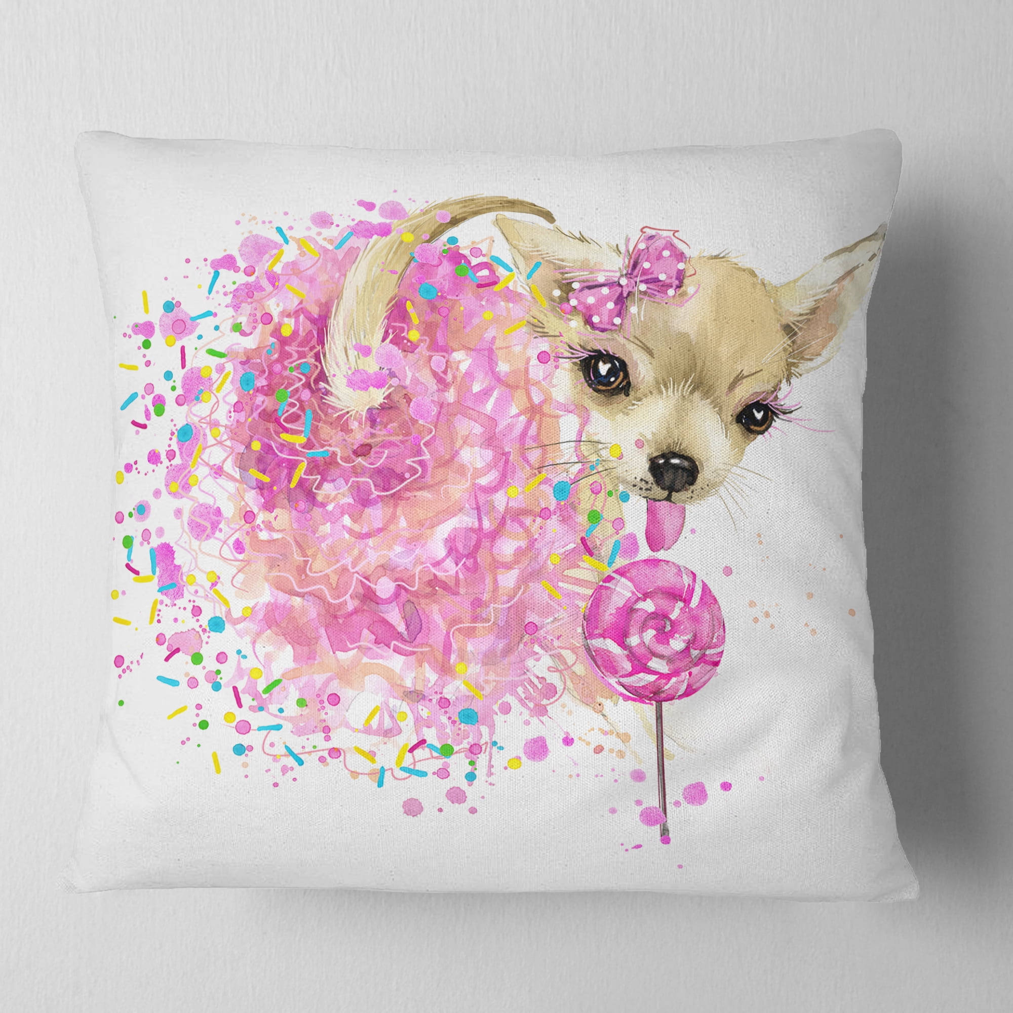 Designart Sweet Pink Dog without Glasses - Animal Throw Pillow - 18x18