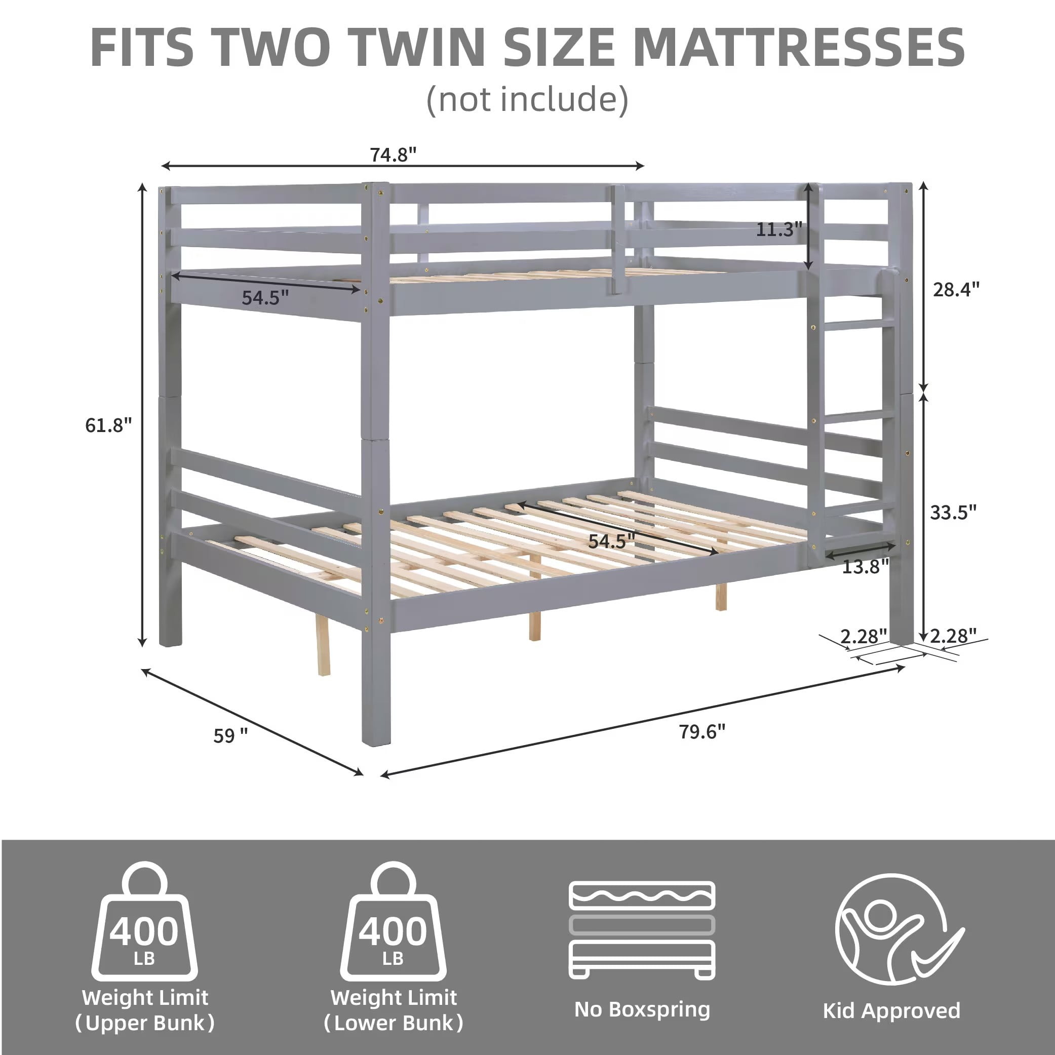 Full Over Full Bunk Bed, Solid Wood Bunk Bed Frame with High Guardrails, Ladder, Heavy Duty Wooden Slats, No Box Spring Needed for Kids, Teens, Guest Room, Grey