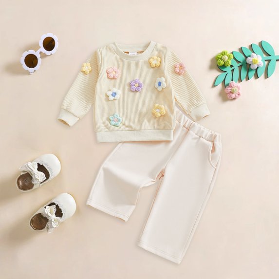 Hessimy Toddler Fall Outfit Bear-Print Long-Sleeve Sweatshirt & Pants 3-24 Months Unisex Baby Girl Outfits Baby Pajamas Toddler Girl Outfits (Beige,2-3 Years)