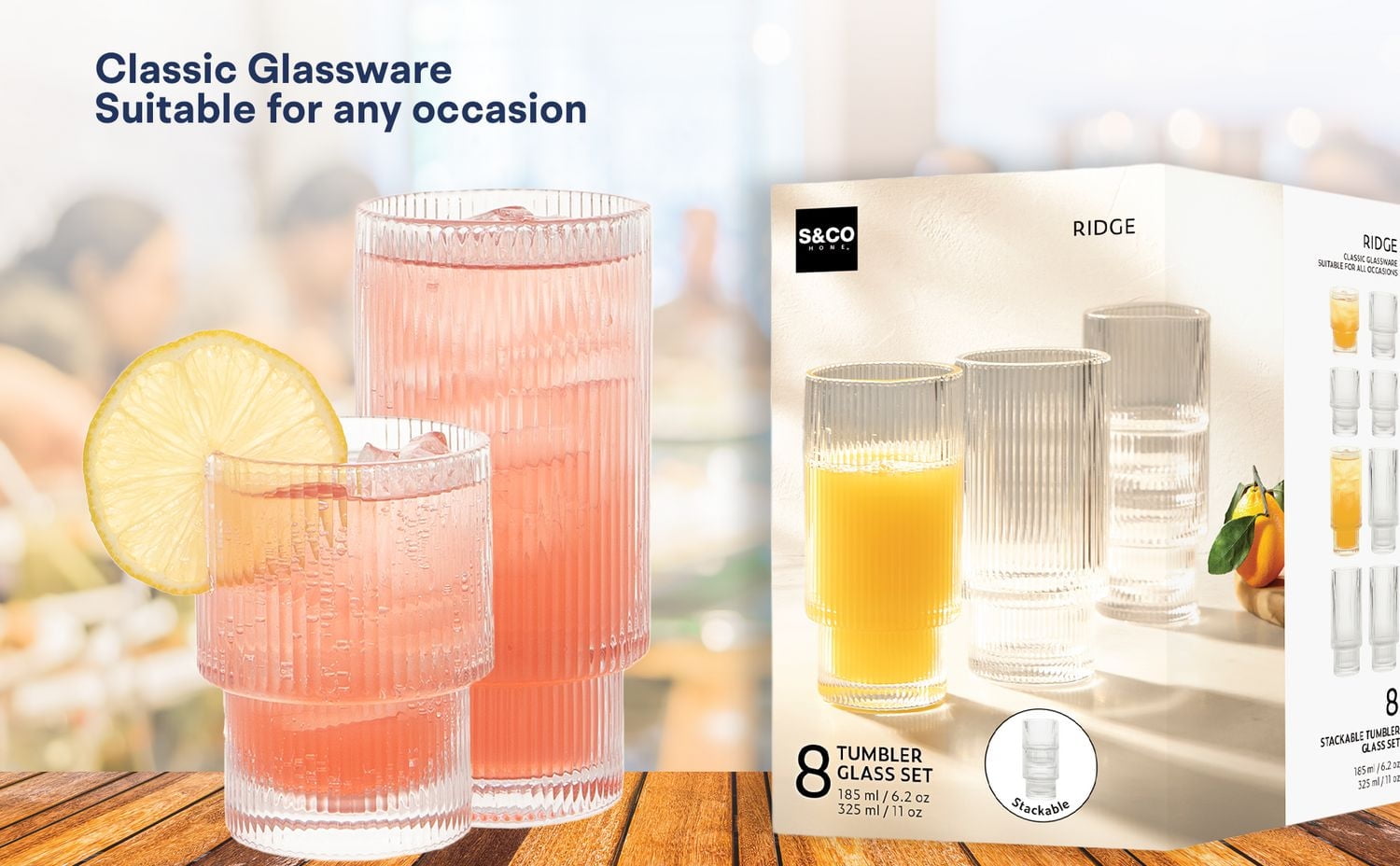 Ridge Stackable Ribbed Glasses Set of 8 – 4 Tall Tumblers (325ml) & 4 Short Tumblers (185ml) – Space-Saving, Modern, Dishwasher Safe Drinkware
