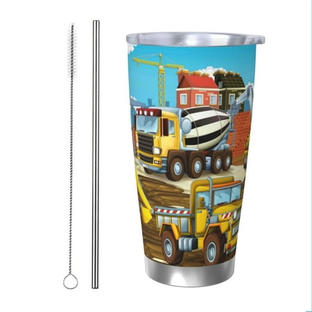 

KLL Different Construction Site Vehicles Print 40oz Stainless Steel Insulated Car Cup with Spillproof Lid - Keep Your Drink Hot or Cold on the Go-Straw Two-piece Set