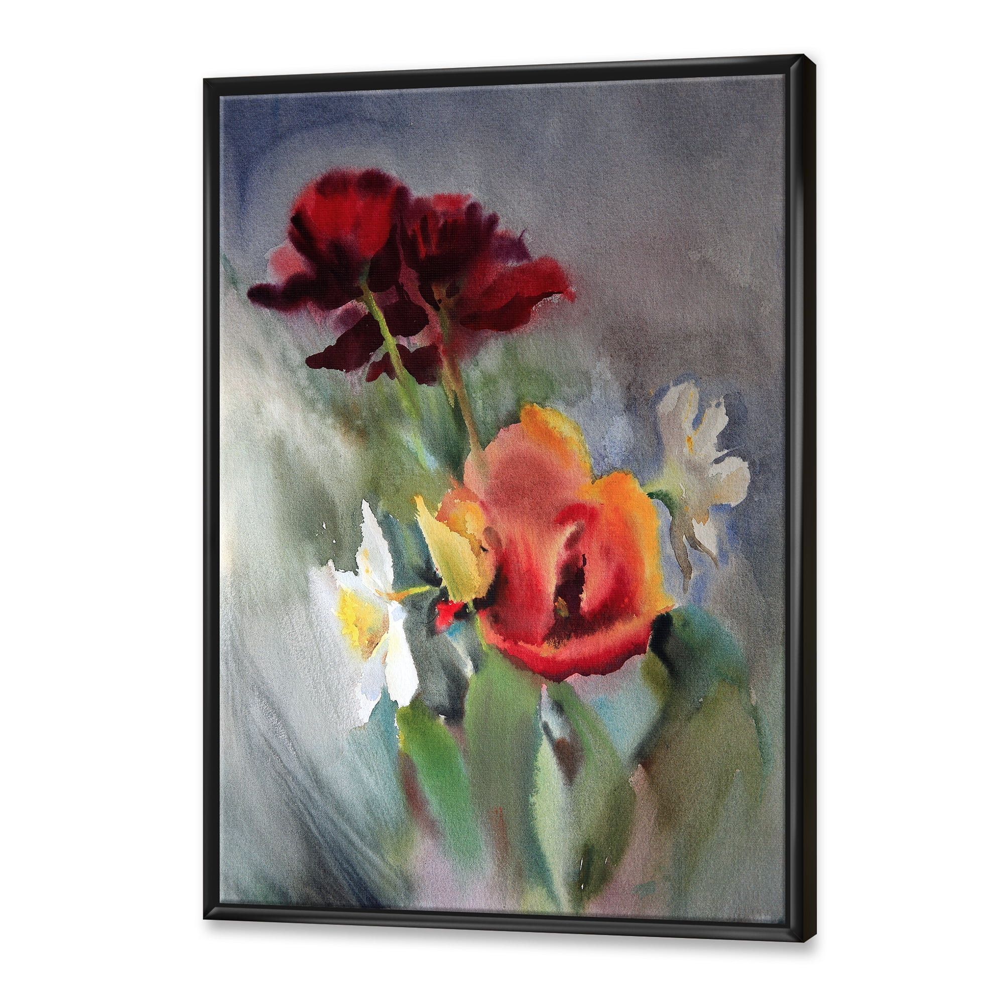 Blossoming Vibrant Red Wildflowers 24 in x 32 in Framed Painting Canvas Art Print, by Designart