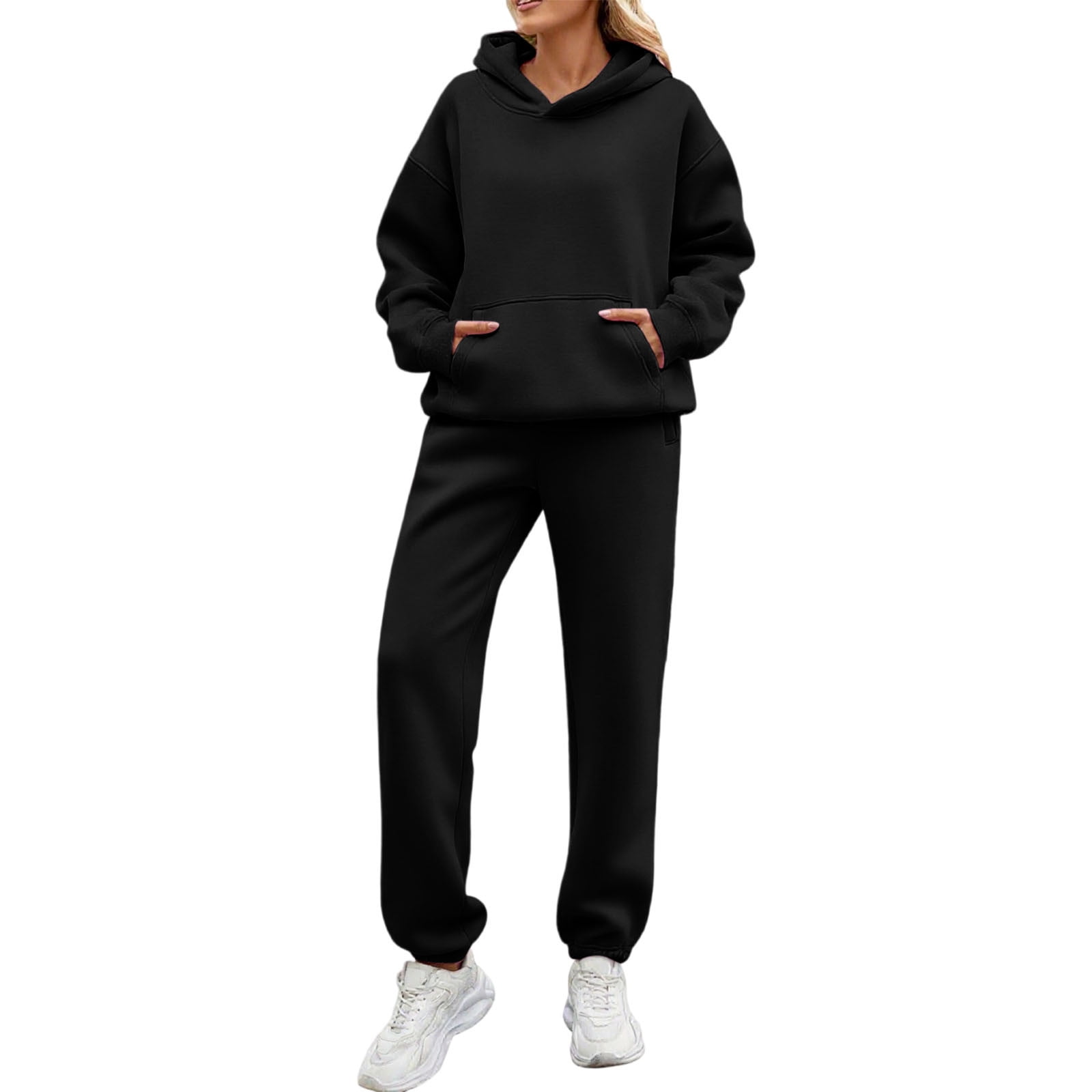 UPPADA Womens 2 Piece Outfits Lounge Hoodie Sweatsuit Sets Casual Sets for Women 2 Piece Casual Sets for Women Fall Fall Spring Fashion Clothes with Kangaroo Pocket Black,L