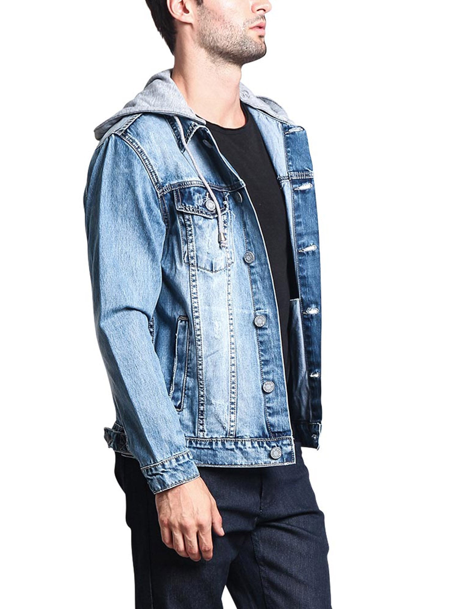 【BAON】Corely Denim Two-Way Pocket Hood Over Jacket Victorious Men's Layered Hoodie Denim Jacket, Distressed