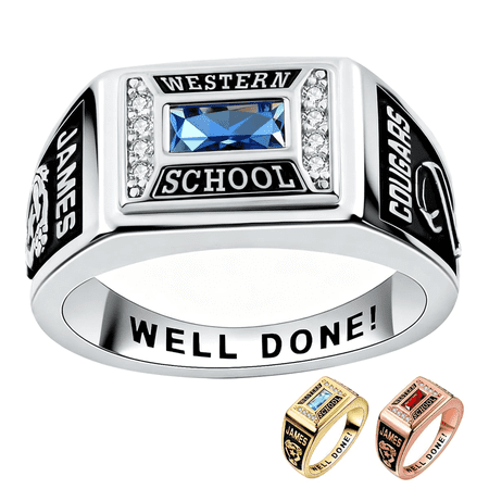 PhaedraOona Custom Square Signet Class Ring for Men - Personalized Logo Symbol Graduation Ring, 2026 High School & College Graduation Gift, Silver Championship Ring with Engraving