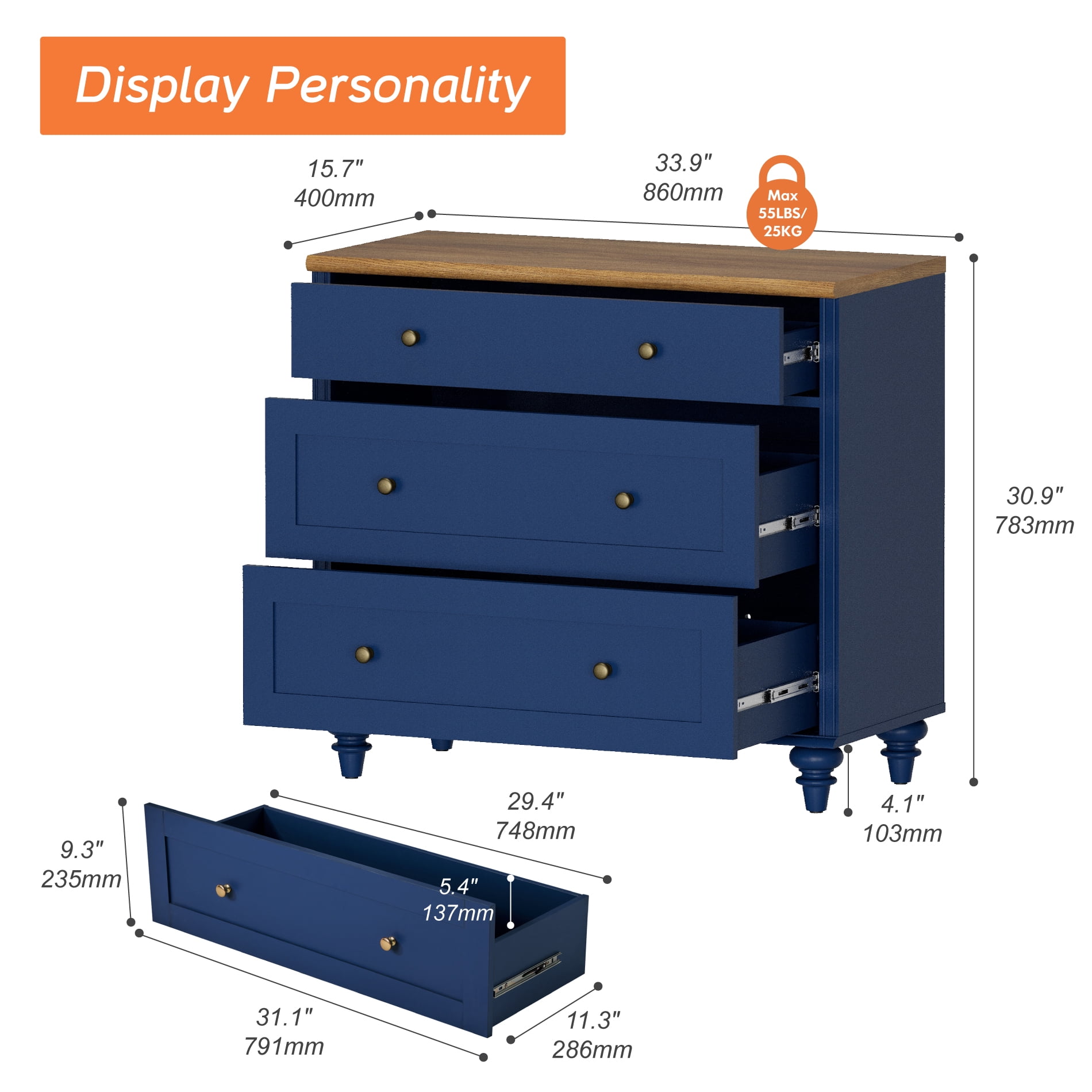 Navy Blue End Table with 3 Drawers, Large Wood Bedside Table Night Stand, Wide Sofa Side Table 3 Drawers for Living Room, Bedroom
