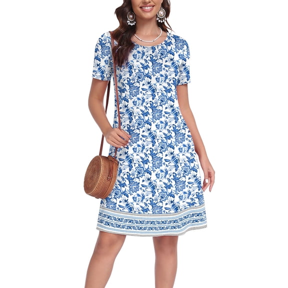 Asklazy Women's Midi Dress Short Sleeve Casual Floral T Shirt Dresses with Pockets,Mother's Day ,Mandala Boho Print(S-2XL)