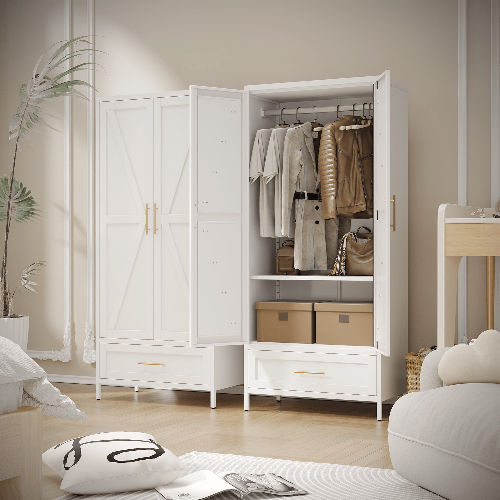 GangMei Metal Storage Cabinet Locker with 1 Drawer, Large Steel Cabinet with Hanger Rod and Adjustable Shelf for Living Room,Office,School,Gym,Garage,(White)