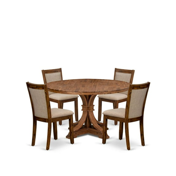 Luxe by East West Furniture 5-Pc Dining Room Set A Pedestal Round Table, 4 Light Tan Fabric Padded Chairs