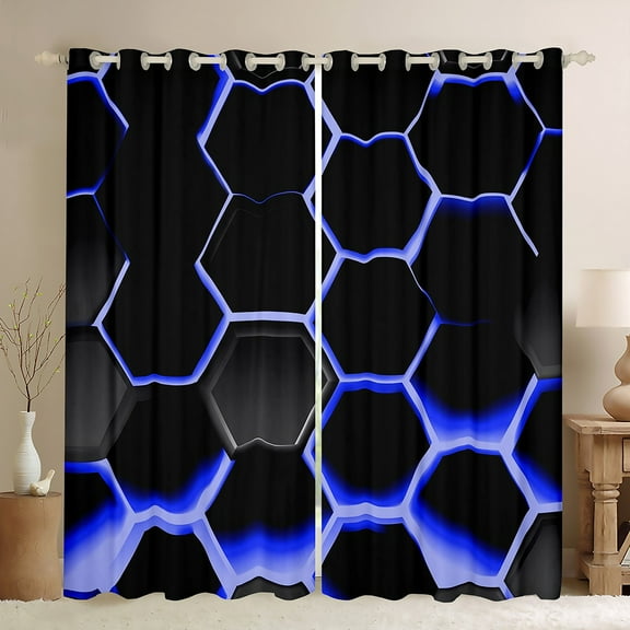 Manfei Geometric Honeycomb Black Out Curtains for Boys, Black Blue Curtains Pack of 2 (42x63 Each), Neon Gradient Hexagon Bedroom Curtains, Luxurious Room Decor