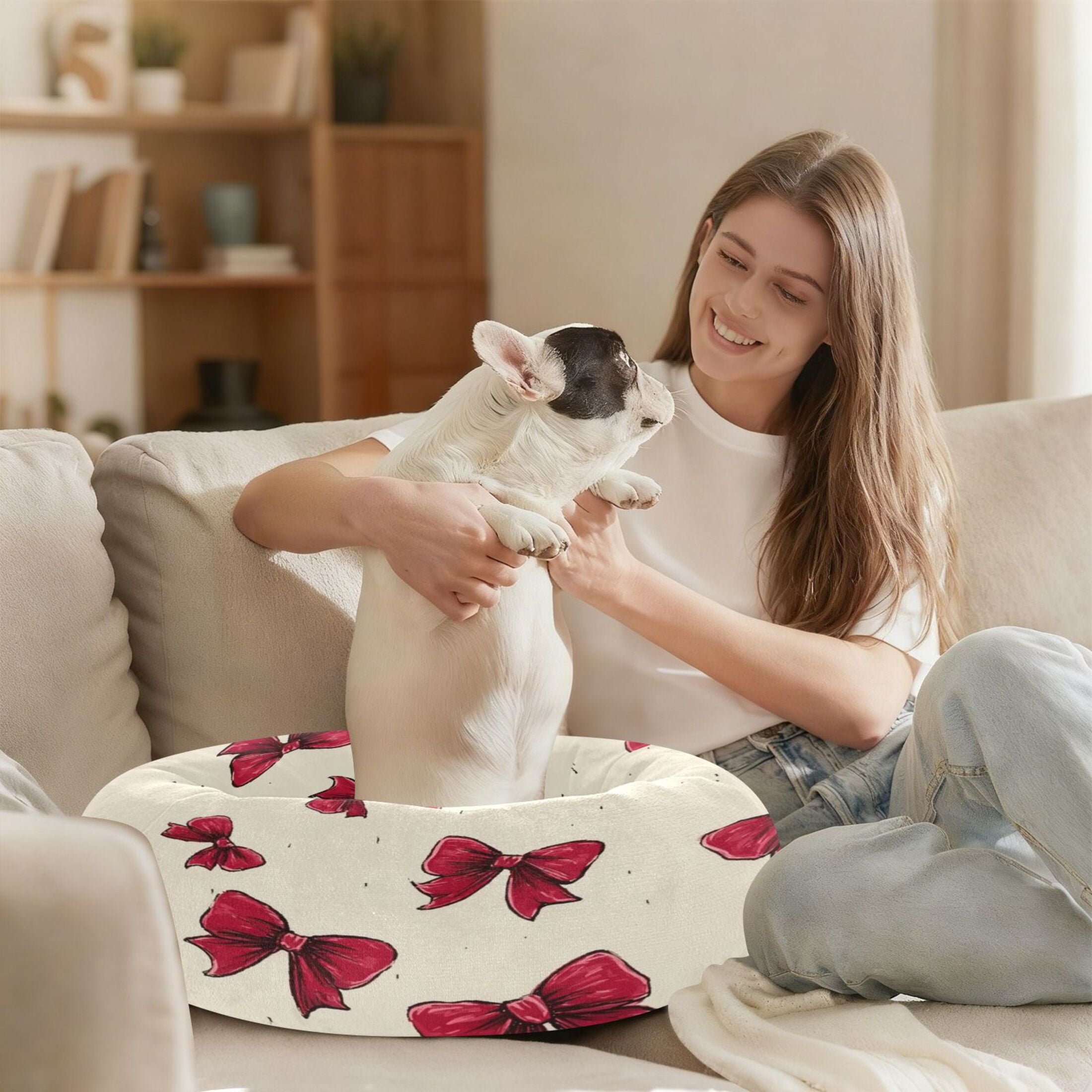 Iauyy Pet Couch Donut Cat Bed for Indoor Cats/Small Dogs Washable & Machine with Non-slip Bottom Calming Cat Furniture, Cream-colored Bow Tie (XS)