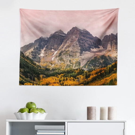 Fall Tapestry, Epic View Deep Down in The Forest with Shady Leaves Rural Habitat Ecology Scene, Fabric Wall Hanging Decor for Bedroom Living Room Dorm, 2 Sizes, Yellow Brown, by Ambesonne