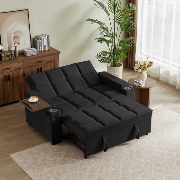 Tulib 3-in-1 Convertible Sleeper Sofa Bed, Pull Out Loveseat Couch with USB Charging Ports, Cup Holder & Swivel Side Table for Small Spaces, Black