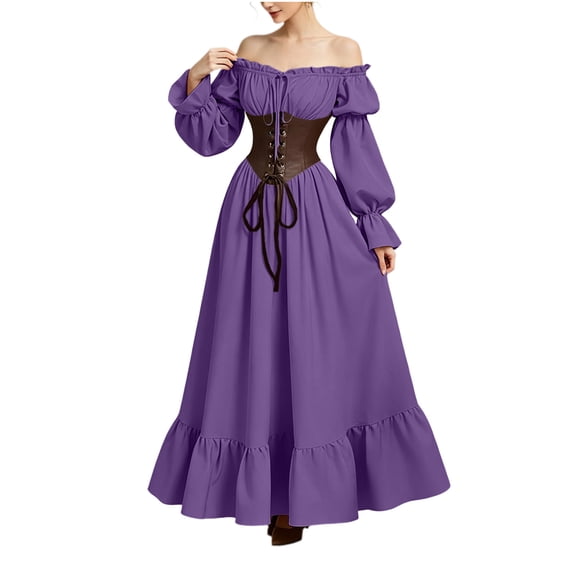 Renaissance Costume Women Bell Sleeve Off Shoulder Lace up Ruffle Medieval Corset Dress Halloween Costumes