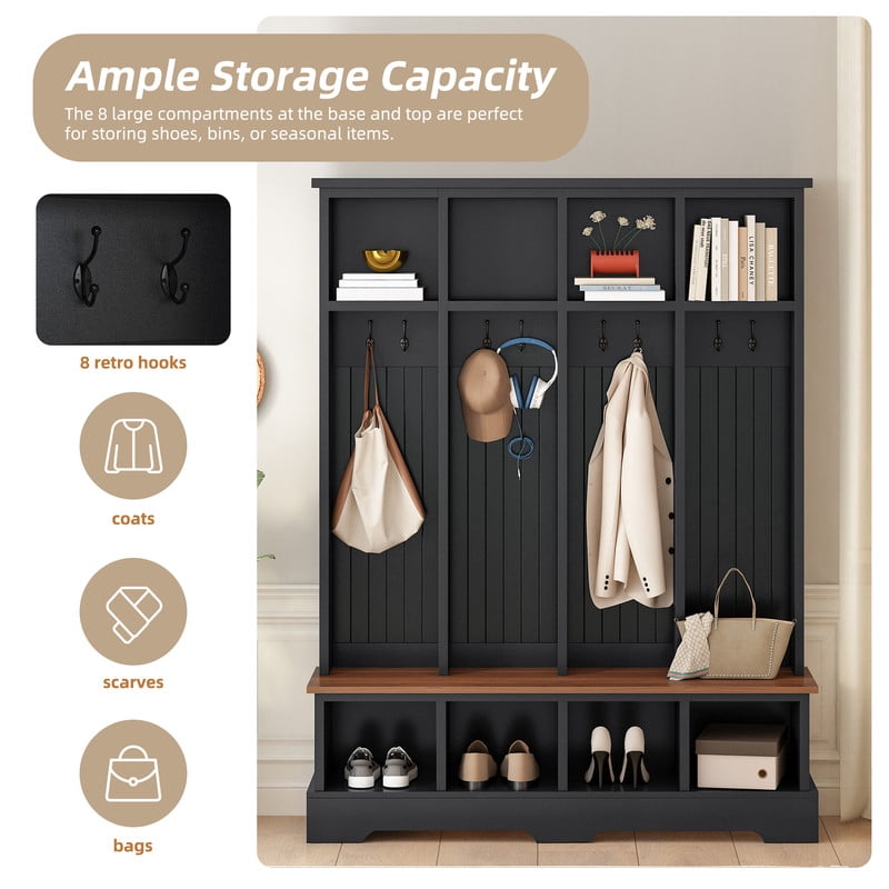 Farmhouse Hall Tree with Bench and 8 Hooks, 76.7" Entryway Coat Rack with Shoe Storage Compartments, 3-in-1 Mudroom Organizer, Hall Tree Bench for Entryway, Living Room