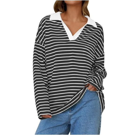 hxobax Striped Long Sleeve Henley V Neck Shirts for Womens Fall Tops Drop Shoulder Pullover Blouses