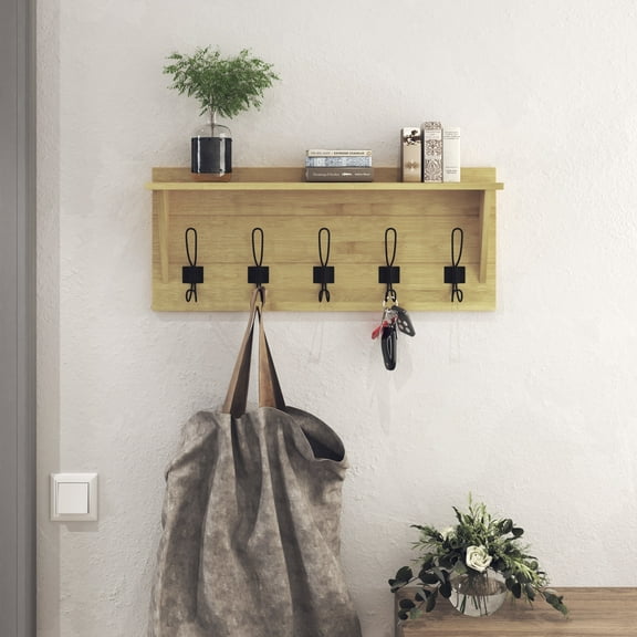 HBCY Creations Rustic Wall Mounted Coat Rack Shelf - Wooden Country Style 24" Entryway Shelf with Hooks - Solid Pine Wood - For Entryway, Kitchen, Bathroom (Bamboo)