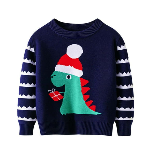 SonxaHe Toddler Boy's Christmas Sweaters Dinosaur Print Long Sleeved Knit Top Kids Fleece Lined Warm Holiday Winter Sweater Blue,Sized 2-3