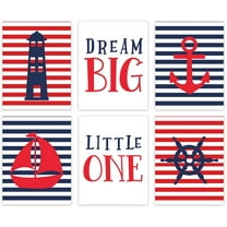 Koyal Wholesale Nautical Theme Nursery Hanging Wall Art, Red Blue Stripes, Boat, Anchor, Lighthouse, Whale