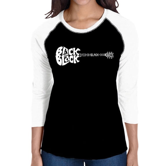 LA Pop Art Women's Raglan Baseball Word Art T-shirt - Back in Black