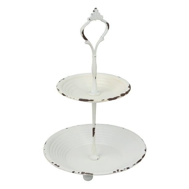 Shabby Chic Worn White Painted 2 Tier Metal Serving Tray with Handle